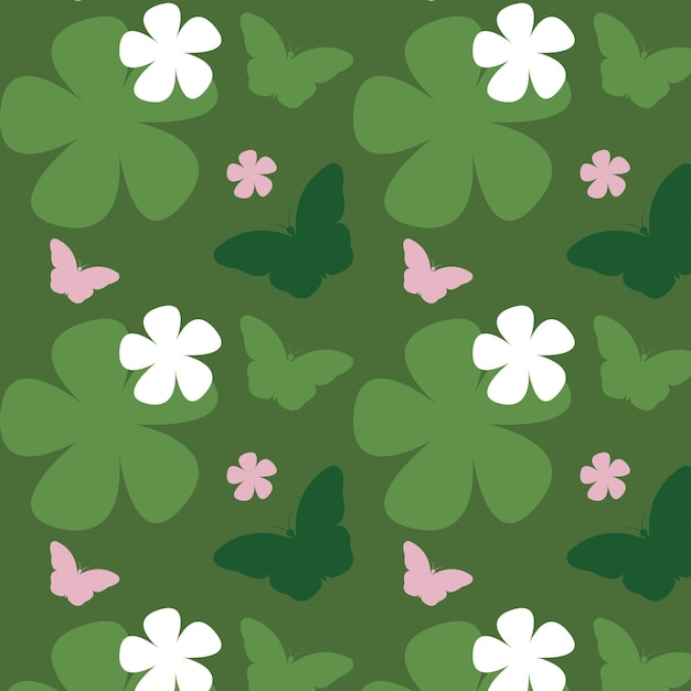 Modèle Sans Couture D'un Papillon Vert Avec Une Fleur Blanche Et Rose Sur Fond D'herbe Verte Conception Graphique Impression Illustration Vectorielle