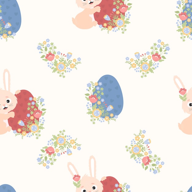 Modèle Sans Couture De Pâques Avec Lapin Mignon Et Oeuf De Pâques Avec Des Fleurs