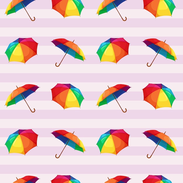 Modèle sans couture avec parapluies arc-en-ciel sur fond clair rayé