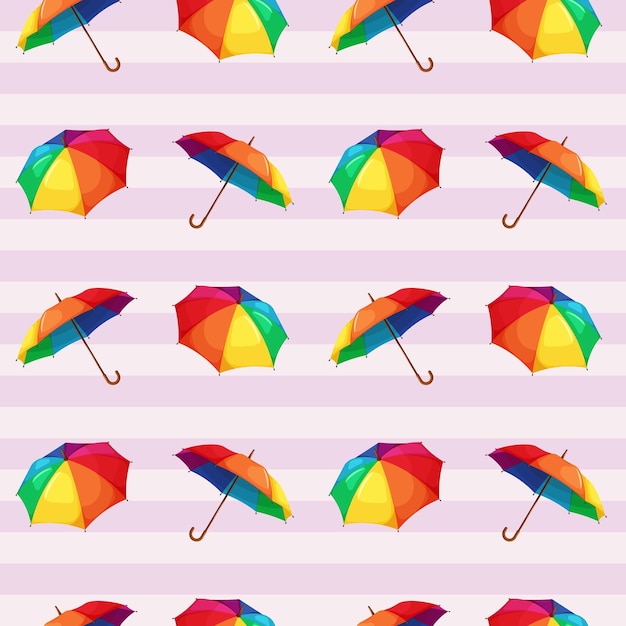 Modèle sans couture avec parapluies arc-en-ciel sur fond clair rayé