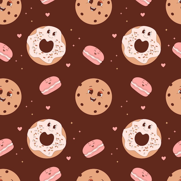 Modèle sans couture avec pâtisserie mignonne Personnages sucrés de dessin animé sur fond marron
