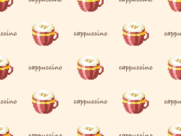 Modèle sans couture de personnage de dessin animé de café sur fond jaune. Style de pixels