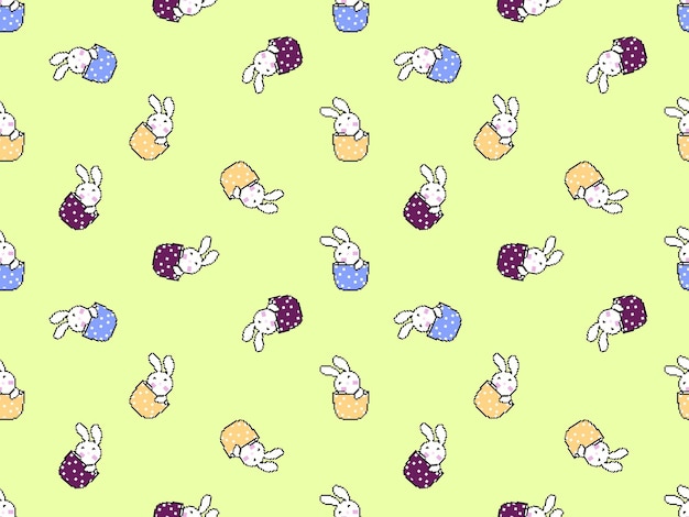 Modèle sans couture de personnage de dessin animé lapin sur fond vertPixel style jour de Pâques
