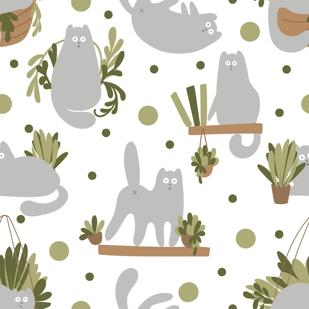 Modèle Sans Couture Avec Personnage Et Plantes De Chats Fanny Caractère Vectoriel Chaton Mignon Maison Confortable Avec Plantes Et Chat Gris Illustration Vectorielle De Fond D'animaux De Dessin Animé