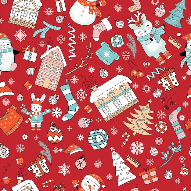 Modèle sans couture avec des personnages mignons et des éléments de Noël isolés sur fond de couleur rouge. Illustration vectorielle.