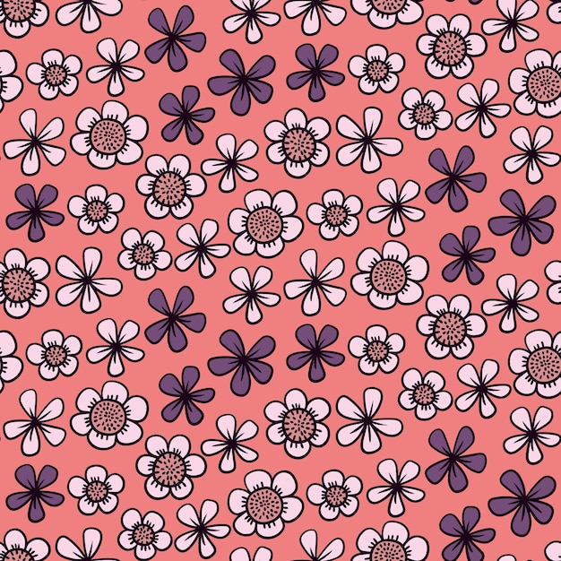 Modèle Sans Couture Avec De Petites Fleurs De Dessin Animé. Motif Floral Avec Des Têtes De Fleurs Profilées Simples Sur Fond Rose. Imprimé Fleuri Rétro. Illustration Vectorielle.