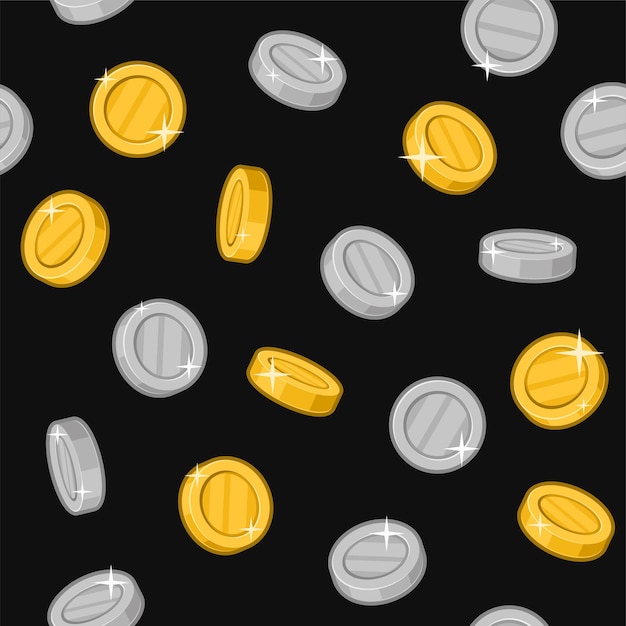 Vecteur modèle sans couture de pièces d'or et d'argent sur fond noir. illustration vectorielle