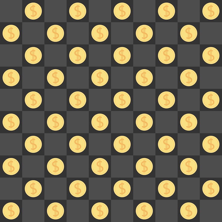 Vecteur modèle sans couture de pièces d'or sur l'échiquier sombre