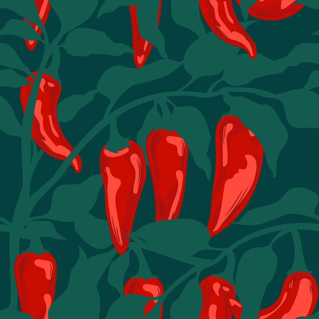 Vecteur modèle sans couture avec des piments rouges chauds sur fond bleu. illustration vectorielle de piments