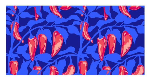 Modèle Sans Couture Avec Des Piments Rouges Chauds Sur Fond Bleu. Illustration Vectorielle De Piments