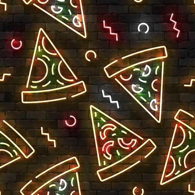 Vecteur modèle sans couture avec pizza au néon sur un mur.