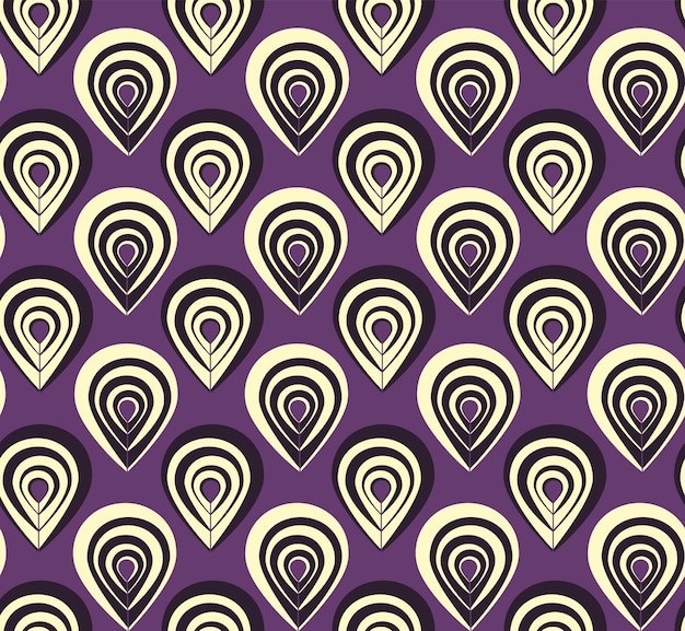 Vecteur modèle sans couture avec des plumes de paon abstraites noires et jaunes sur fond violet texture de mode contrastée avec des éléments de tourbillon psychédélique sur violet pour la surface de l'emballage en papier d'emballage textile