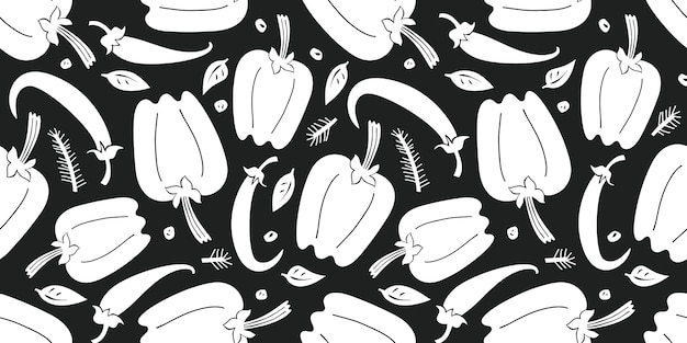 Modèle Sans Couture De Poivre Dessiné Main. Illustration De Légumes Frais De Dessin Animé Biologique.