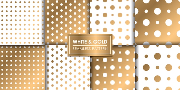 Modèle sans couture polkadot de luxe blanc et or, fond d'écran décoratif.