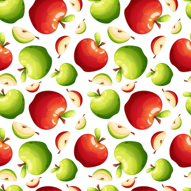 Vecteur modèle sans couture avec pomme verte et rouge juteuse et tranche sur fond blanc clair modèle d'été avec des fruits