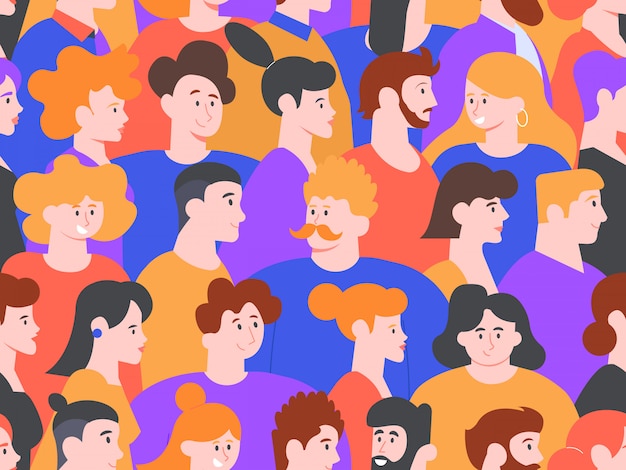 Modèle sans couture de portraits de personnes. Avatars créatifs d'hommes et de femmes, personnages souriants mignons, personnes sur fond de démonstration sociale ou de réunion publique