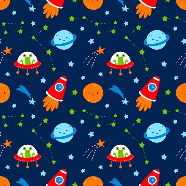 Modèle sans couture pour coudre des vêtements de bébé et imprimer sur du tissu Aventure spatiale Planète fusée et ovni Impression sur tissu et papier d'emballage Papier peint en pépinière