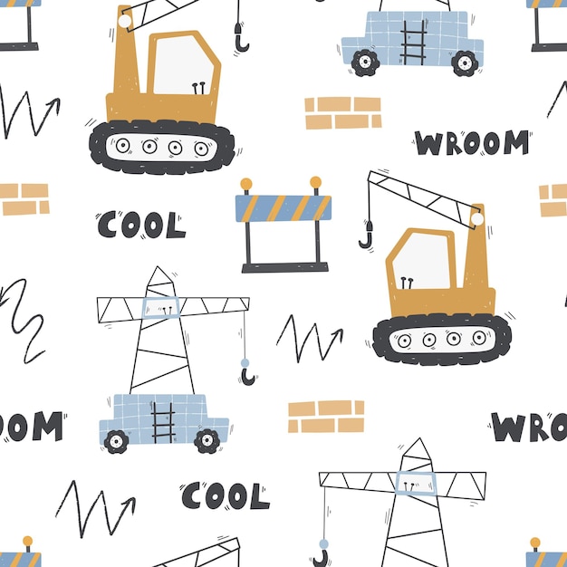 Modèle sans couture pour enfants mignons avec camions et pelleteuses Matériel de construction Papier numérique
