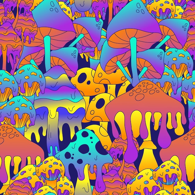 Vecteur modèle sans couture psychédélique de champignons colorés