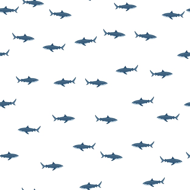 Modèle Sans Couture Requin Tigre Isolé Sur Fond Blanc. Texture Bleue Des Poissons Marins Pour N'importe Quel But.