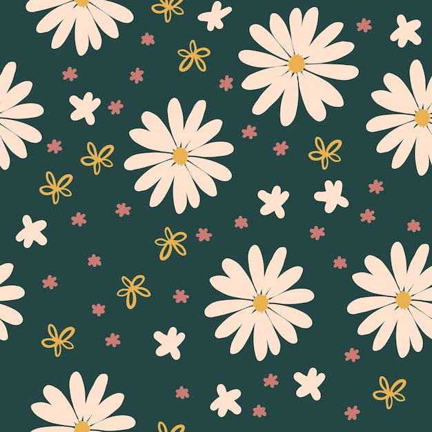 Modèle Sans Couture Rétro Des Années 70 Avec Des Fleurs De Marguerite. Motif Botanique Vintage Dessiné à La Main.