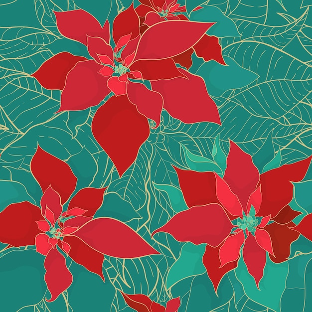 Modèle Sans Couture Rouge Vert De Poinsettia De Noël Dans Un Style Décoratif élégant. Feuilles Rouges Vertes Avec Une Ligne Dorée Sur Un Fond Vert Frais. Conception Pour L'emballage De Noël Et Le Papier D'emballage Ou Les Textiles