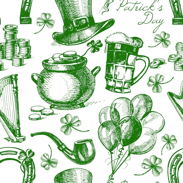 Modèle Sans Couture De La Saint-patrick Avec Des Illustrations De Croquis Dessinés à La Main