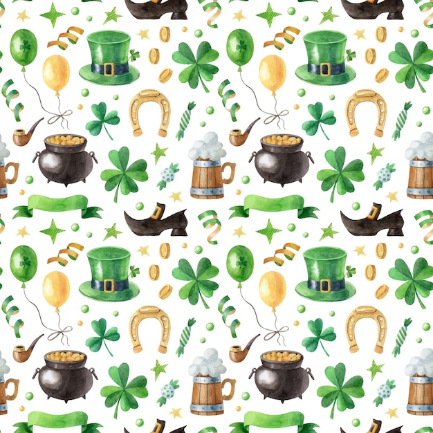 Modèle Sans Couture Saint Patricks Day Avec Symboles De Célébration Traditionnels Illustration Vectorielle