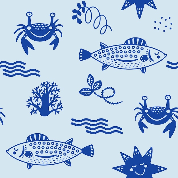 Modèle sans couture scandinave pour enfants mignons avec des créatures marines drôles Poisson crabe corail et étoile Illustration de dessin animé avec des griffonnages pour la conception des enfants de décor de pépinière de douche de bébé