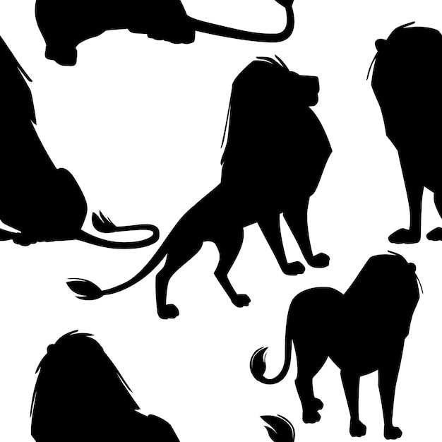 Modèle Sans Couture De Silhouette Noire De Mâle Fier Puissant Lion Mignon Personnage Dessin Animé Style Animal Design Plat Illustration Vectorielle Sur Fond Blanc