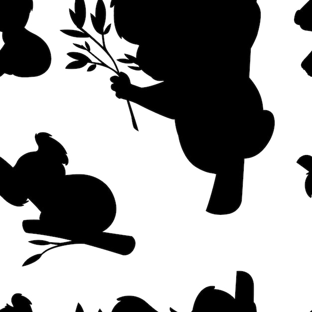 Modèle sans couture de silhouette noire d'ours koala gris mignon dans différentes poses mangeant des feuilles endormies dessin animé animal design illustration vectorielle plane sur fond blanc