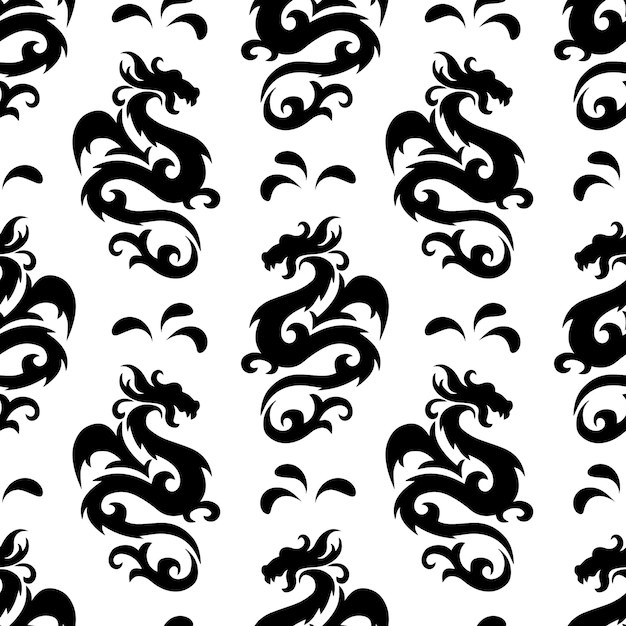 Modèle sans couture, silhouettes de dragons chinois noirs sur fond blanc. Fond, textile