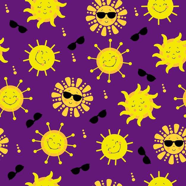 Modèle sans couture avec soleil jaune mignon dans des lunettes de soleil sur fond violet Illustration vectorielle