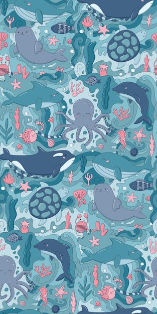 Modèle Sans Couture Sous-marin Avec Des Animaux Mignons De L'océan Et De La Mer Poissons De Dessin Animé Phoque Crabe Algues Coraux Et Plantes Doodles Abstraits Vie Marine Illustration Vectorielle