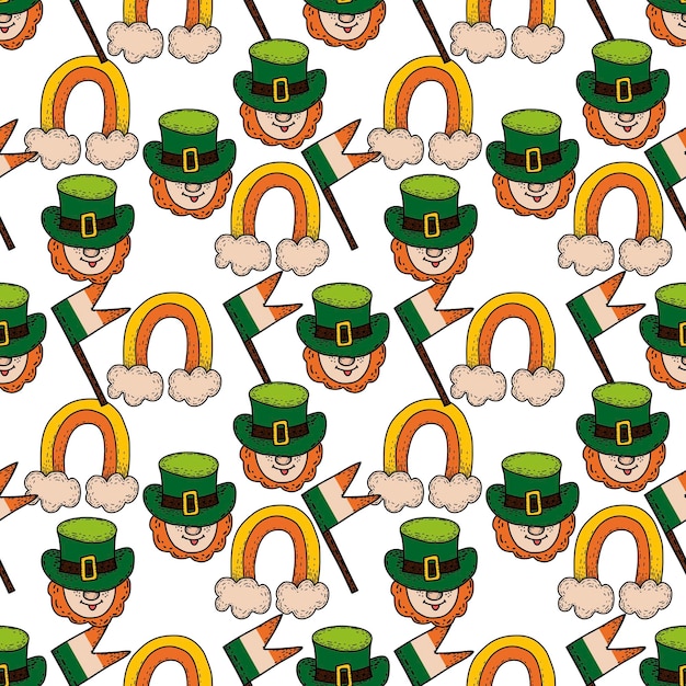 Modèle Sans Couture De St Patrick's Day Vector Fond Dessiné à La Main Avec Des Trèfles Verts Feuilles Arc-en-ciel Pièces D'or Cheval Shoue Lutins Verres à Bière