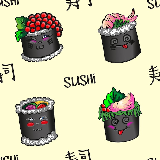 Modèle sans couture avec des sushis mignons Rouleaux amicaux de Kawaii sur un fond pastel Rouler avec des crevettes au caviar Les hiéroglyphes signifient des sushis