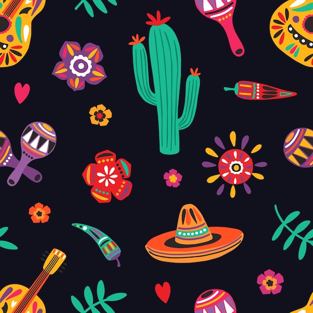 Modèle sans couture avec des symboles mexicains traditionnels sur fond noir - sombrero, guitare, cactus, maracas, piment. Illustration vectorielle de dessin animé plat pour papier d'emballage, impression textile, papier peint.