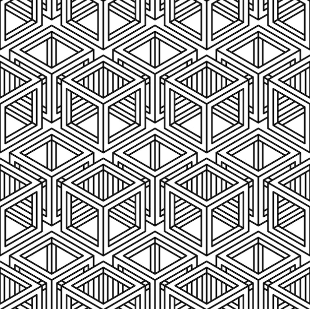 Modèle sans couture symétrique contrasté noir et blanc avec des figures entrelacées. Composition géométrique continue, à utiliser dans la conception graphique.