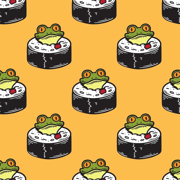 Modèle Sans Couture De Tête De Grenouille En Sushi De Style Vintage Sur Fond Jaune