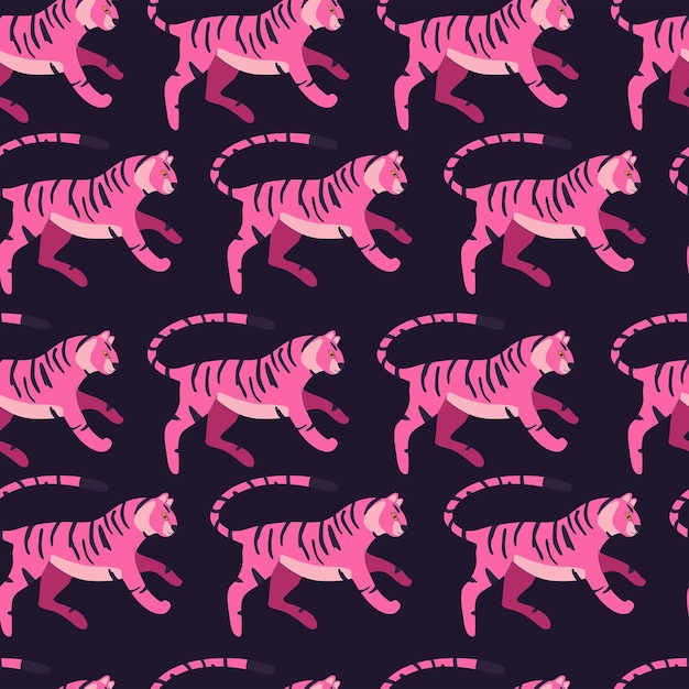 Modèle sans couture avec tigre de gros chat exotique dessiné à la main en rose vif sur fond violet Illustration vectorielle plane colorée