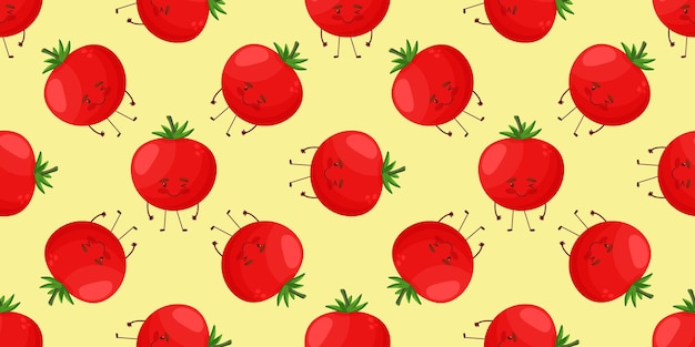 Modèle Sans Couture Avec Une Tomate Souriante Rouge Sur Fond Légume Drôle En Style Cartoon