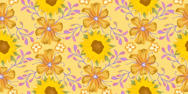 Modèle Sans Couture De Tournesol Avec Feuille De Fleur Illustration De Dessin Animé Jaune Motif Floral Sans Couture Design Floral Lumineux D'été Illustration Vectorielle