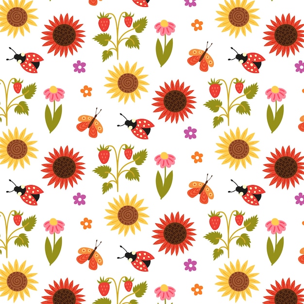 Modèle Sans Couture Tournesols Fraises Fleurs Insectes. Fond Répétitif Avec Un Motif Rustique. Papier De Tirage De Main De Vecteur, Papier Peint De Conception De Pépinière