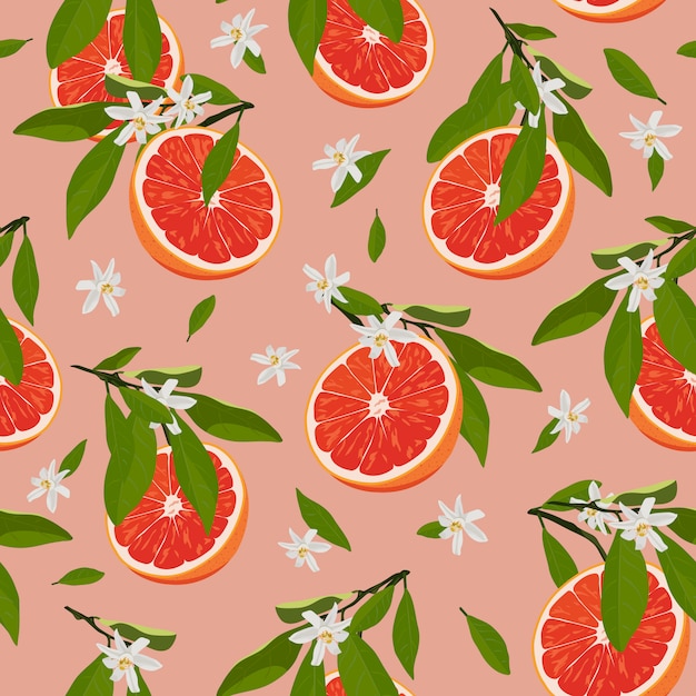 Modèle Sans Couture De Tranche De Fruits Orange Avec Fleurs Et Feuilles