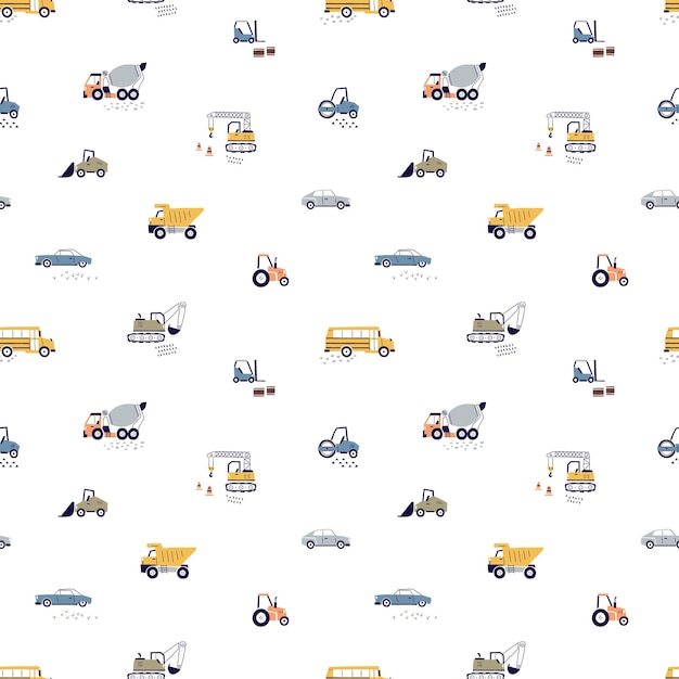 Modèle Sans Couture Avec Transports De Jouets Dans Un Style Scandinave. Enfants Répétant L'impression Avec De Jolies Voitures, Tracteurs, Camions, Bus. Fond Scandi Enfantin Pour Le Textile, Le Papier Peint. Illustration Vectorielle Plane