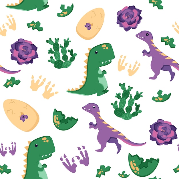 Modèle Sans Couture De Trex Et Lézard Mignons Avec Cactus Et Empreinte Pour Décorer La Pépinière