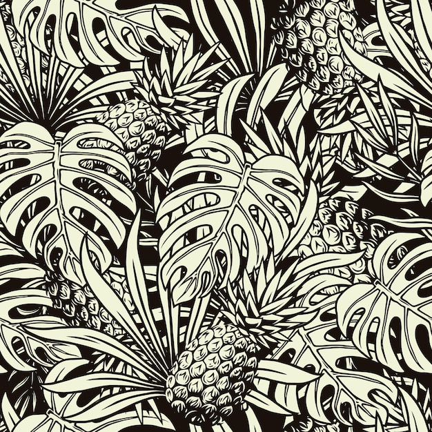 Modèle Sans Couture Tropical D'été Avec Des Feuilles D'ananas, De Monstera Et De Palmier Dans Un Style Monochrome