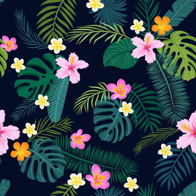 Modèle Sans Couture Tropical Avec Des Feuilles De Palmier Et Des Fleurs. Illustration Vectorielle