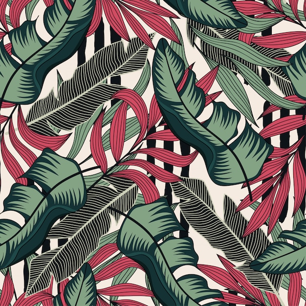 Modèle sans couture tropical avec des feuilles rouges et vertes sur fond blanc