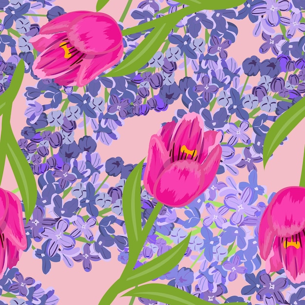 Modèle sans couture de tulipes lilas dans un style abstrait sur fond rose